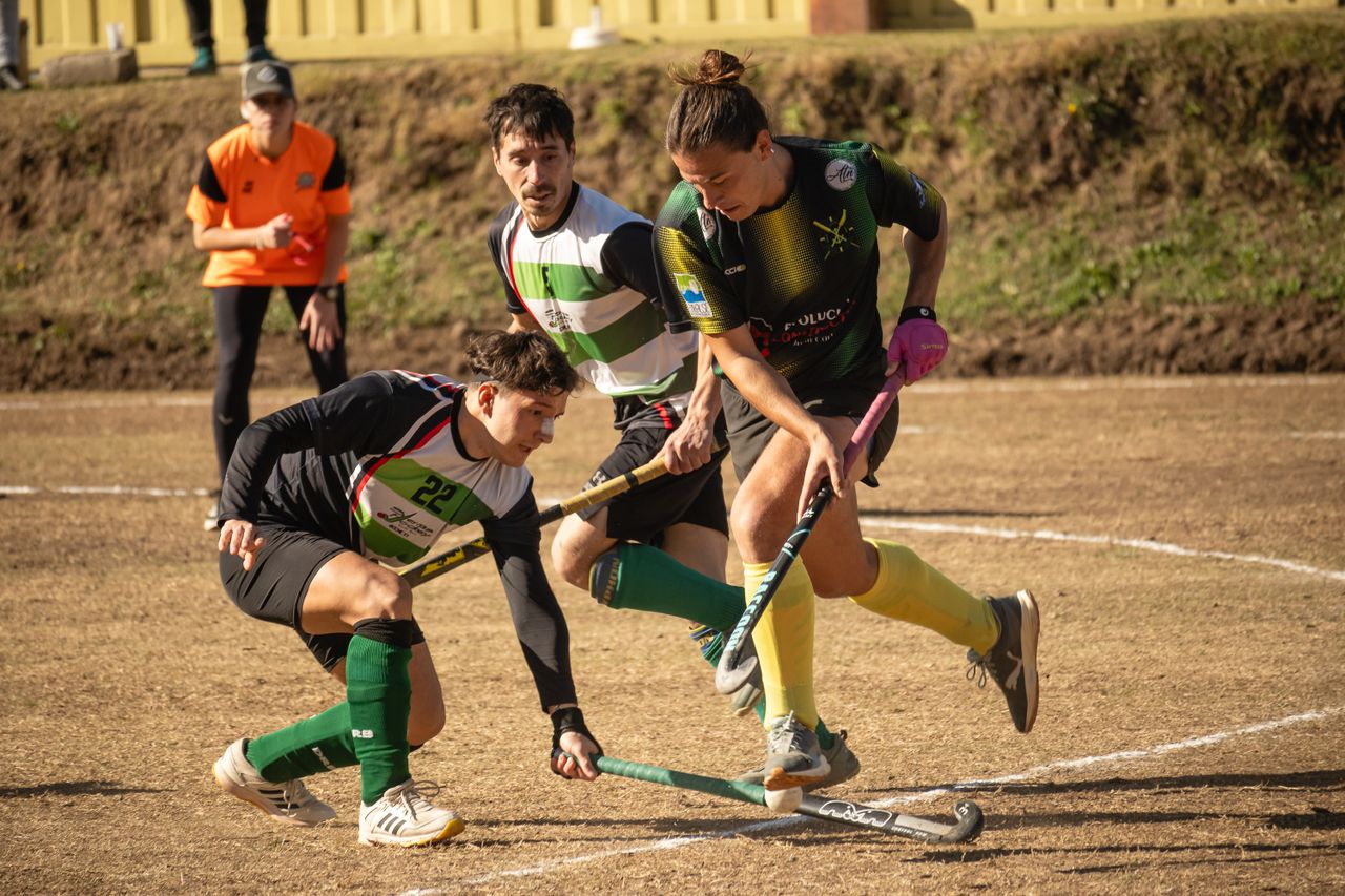 Players engage in a competitive field hockey match on a sunny day outdoors.
